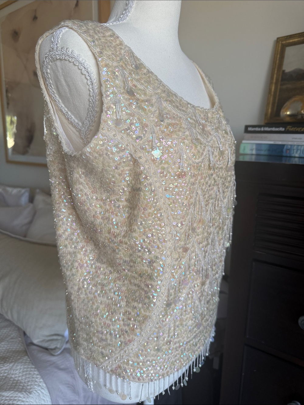 Vintage Handmade Haute Couture Beaded Ivory Sequin Top 100% Wool Size 36 - Picture 5 of 15
